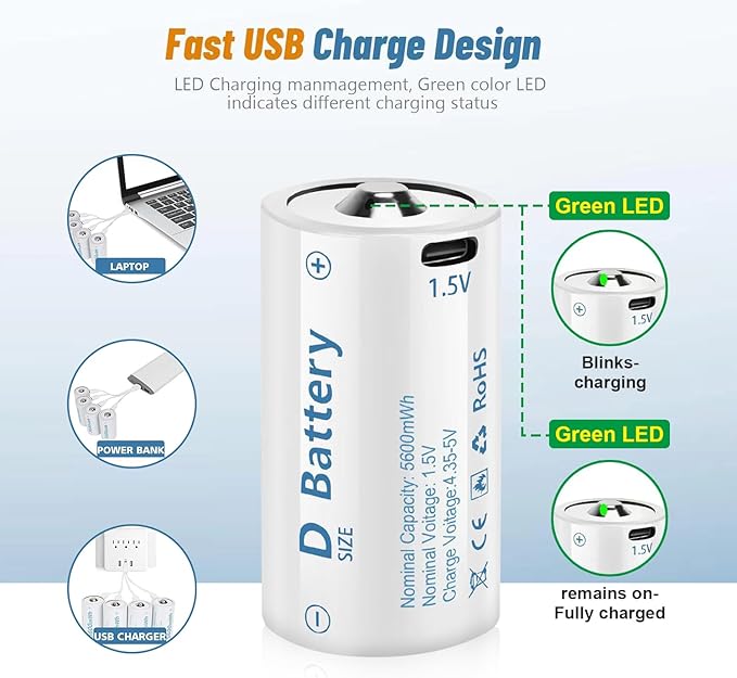 1.5V D Size Cell Battery for Flashlight Toys & floodlight,Lithium D Batteries Rechargeable 8 Pack, Rechargeable D Size Batteries with USB-C 4 in 1 Charging Cable.