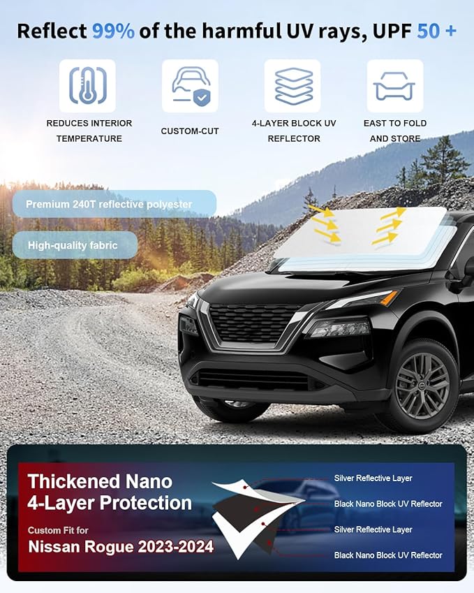for Nissan Rogue Windshield Sun Shade Sunshade Custom Fit Rogue Accessories 2023-2024 2025 (Not for Rogue Sport) 2-Layer Windshield Cover Front Window Sun Visor 240T Shield Protector Block UV Ray