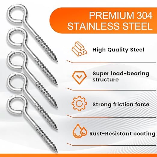 2Pcs Self Tapping Eyelet Screw Eye Bolt，6 Inch Heavy Duty Screw Eyes Hooks ，M10 Wooden Large Screw Eye Hook，Load Capacity 800 Lbs for Hammock ，Yoga，Heavy Indoor Outdoor Uses (2, M10-6 INCH)
