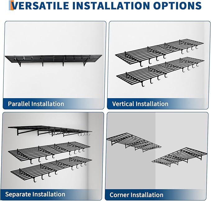 2 Pack Heavy Duty Garage Wall Shelves, 2x4ft Wall Mount Storage Shelf with Hooks, Shelf Warehouse Organization System, Rack Shelving, Holds 200 Lbs Each for Shop, Garage Storage