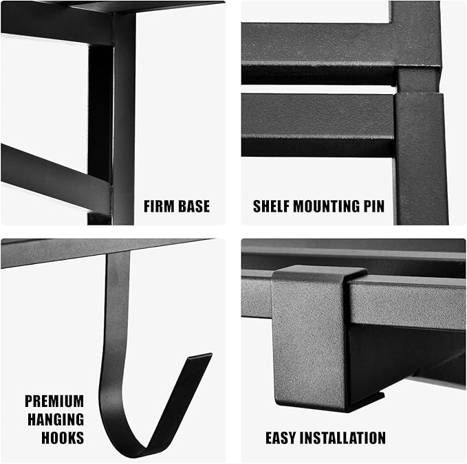 2 Pack Heavy Duty Garage Wall Shelving, 2' x 4' Wall Mount Storage Shelf, Holds 200 lbs Each, Garage Shelving Wall Mounted, Storage Rack with Hooks (Black)