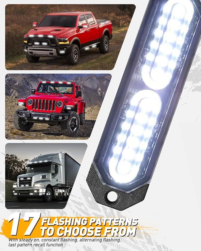 HLauto 1200T Emergency Strobe Grille Lights: 8pcs 12 LED Sync Feature Safety Warning Flashing Light, Ultra Slim Surface Mount Hazard Caution Light for Trucks, Vehicles, Car, ATV, UTV (White)