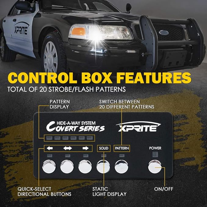 Xprite White Amber LED Hideaway Strobe Lights Kit 20 Flashing Patterns w/Control Panel Headlights Taillights Fog Marker Light Mounting, for Construction Emergency Vehicles Trucks SUV Vans Cars 6 PCs