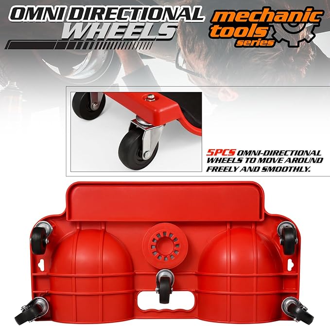M-AUTO Rolling Knee Creeper Durable Knee Pads with Full 360 Degree Turn Casters and Tool Tray, Garage Kneeling Pads on Swivel Castors for Home Workshop Auto Repairing Maintaining, Red