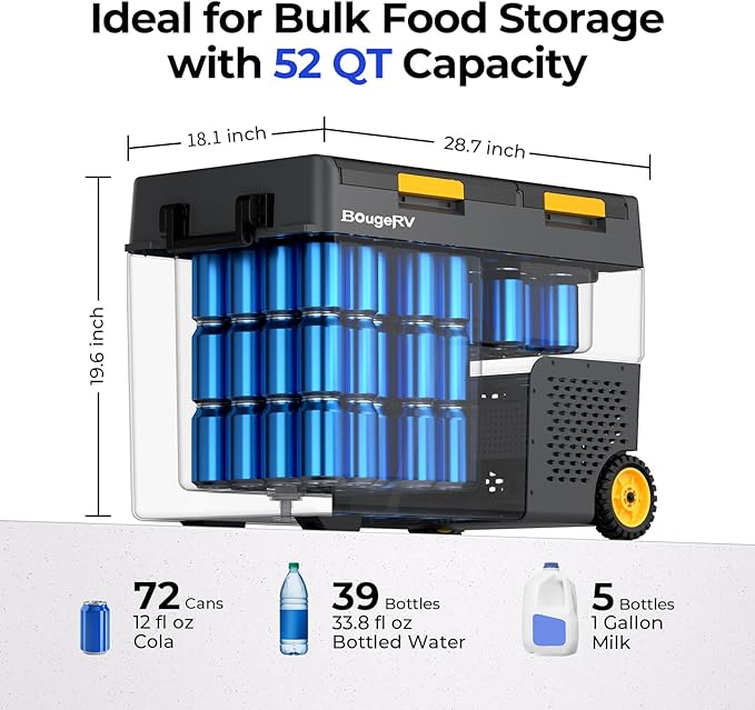 BougeRV 12 Volt Car Refrigerator, CRD2 52 Quart Portable Fridge Freezer with APP Control, -4℉ to 68℉ Dual Zone Compressor Electric Cooler 12/24V DC, 110~240V AC for Overlanding, Camping, RV, Truck