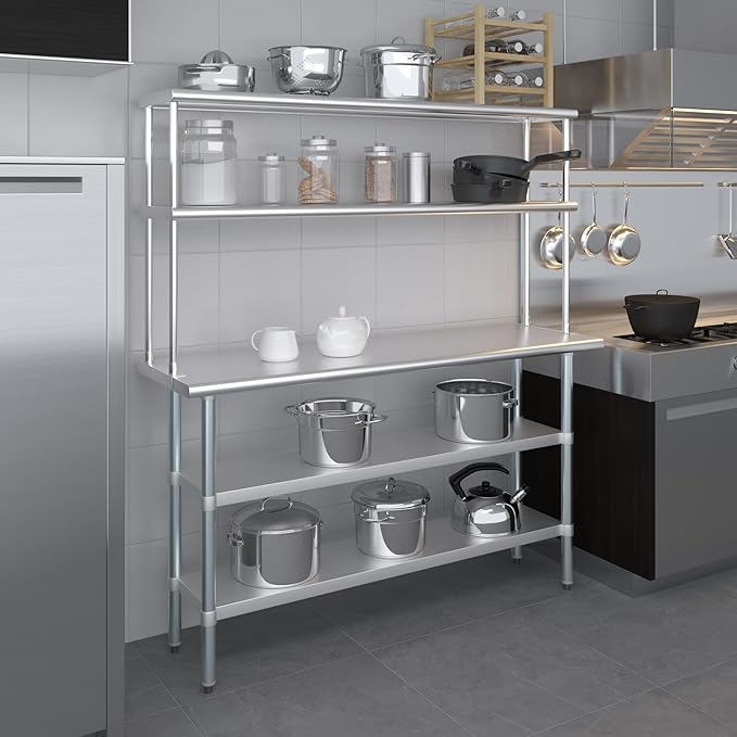 Amgood Stainless Steel Work Table with 2 Shelves | Metal Kitchen Prep Table & Shelving Combo (18" x 60" Table with 2 Shelves + 12" Overshelf)