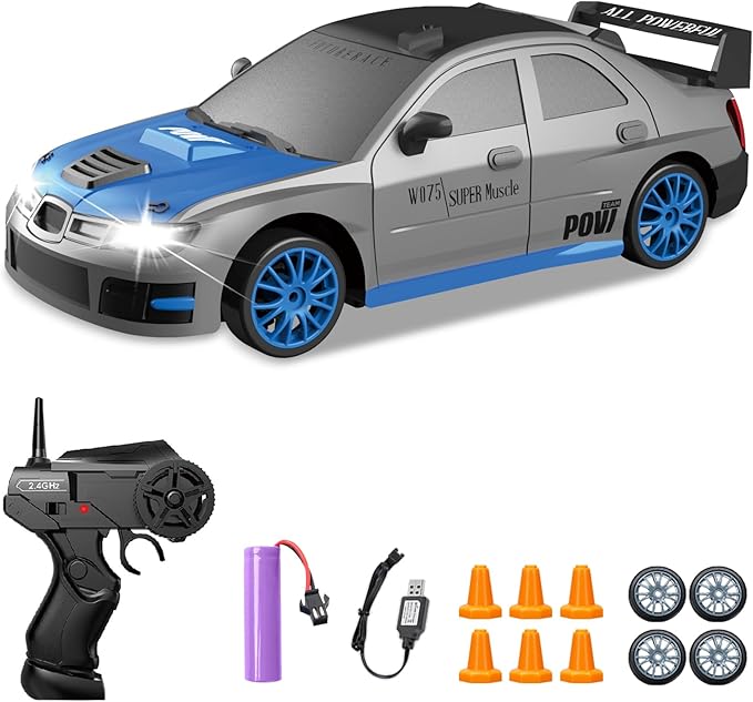 RC Drift Car, 1/24 2.4GHz 4WD Remote Control Car High Speed Drift RC Cars with LED Lights, Rechargeable Battery and Drifting Tires Racing Toy Cars for Kids Boys Girls Adults(Grey)