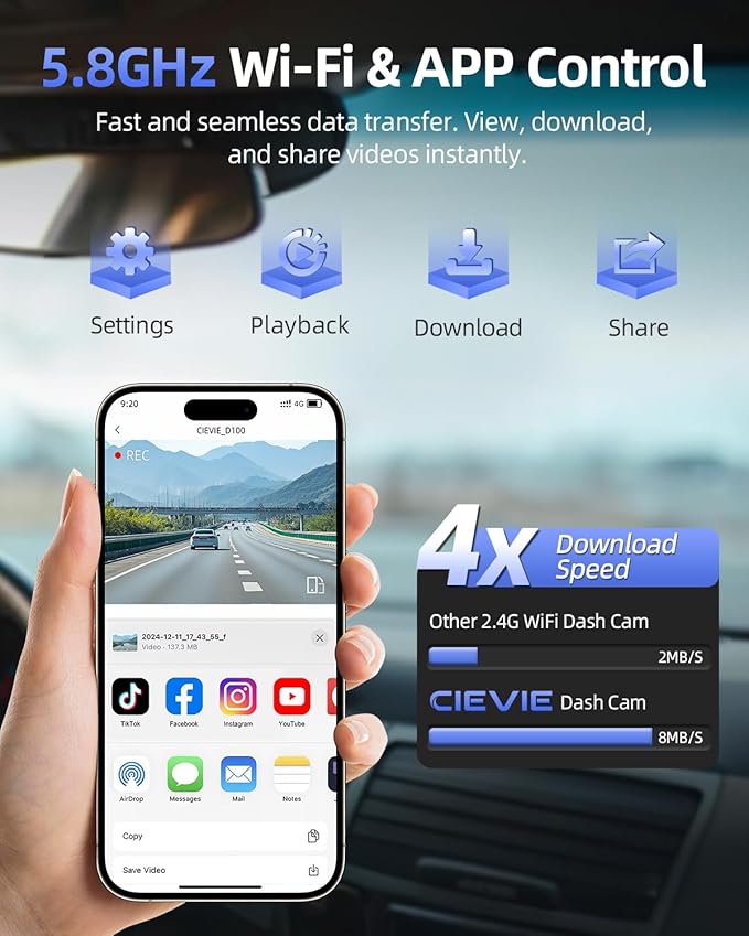 4K Dash Cam Front and Rear, 64GB SD Card, 1.5” IPS Display Car Camera, 5Ghz WiFi+App Control, Night Vision, 24H Parking Mode, G-Sensor, WDR, 170° Wide Angle, 4K+1080P Dual Dash Camera for Cars