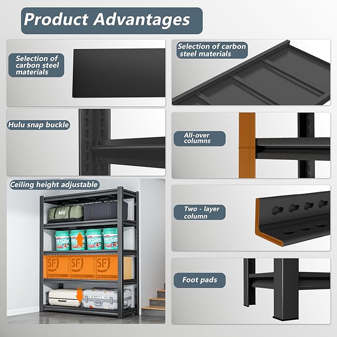 Metal Storage Rack Tier Height Free Adjustable Garage Tool Rack Load Capacity 3000lbs Industrial Storage Rack,Black,Garage,Kitchen,Bedroom,Garden (4-Tier59.1"H*31.5"W*11.8"D)