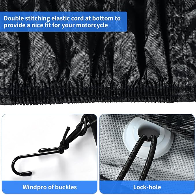 Motorcycle Cover, Motorcycle Cover Waterproof Outdoor with Lock Holes and Inner Flame Retardant Cloth Snow Rain Uv Protection Motorcycle Covers Fit for Harley Davidson Yamaha Etc (Up to 97'' Length)