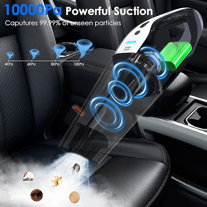 Car Vacuum Portable Cordless, 10000Pa Vacuum Cleaner, 120W Brushless Motor Handheld Vacuum Cordless, LED Light, Multi-Nozzles for Car, Home, Office, Pet