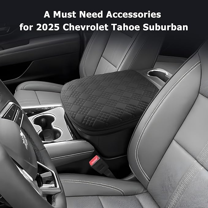 LUWU 2025 Suburban Tahoe Center Console Cover Compatible with 2025 Chevrolet Suburban Tahoe Accessories 2025 Chevy Suburban Tahoe Armrest Cover Armrest Console Cover (Thick Black)