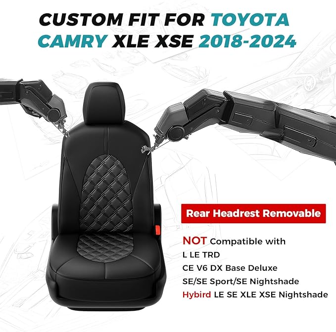 for Toyota Camry Seat Covers XLE XSE V6 2018 2019 2020 2021 2022 2023 2024 - Custom Fit Car Seat Covers Full Set, Breathable Waterproof Leather Seat Covers for Cars, Black Not for Hybrid