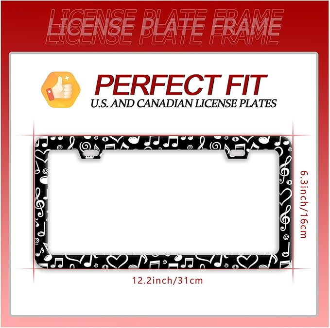 Music Note License Plate Frame Funny Musical License Plate Frames Stainless Steel Accessories Cars Decor with 2 Holes and Screws Fits Standard Us Ca Vehicles License Plate Holder 12.2 X 6 Inch