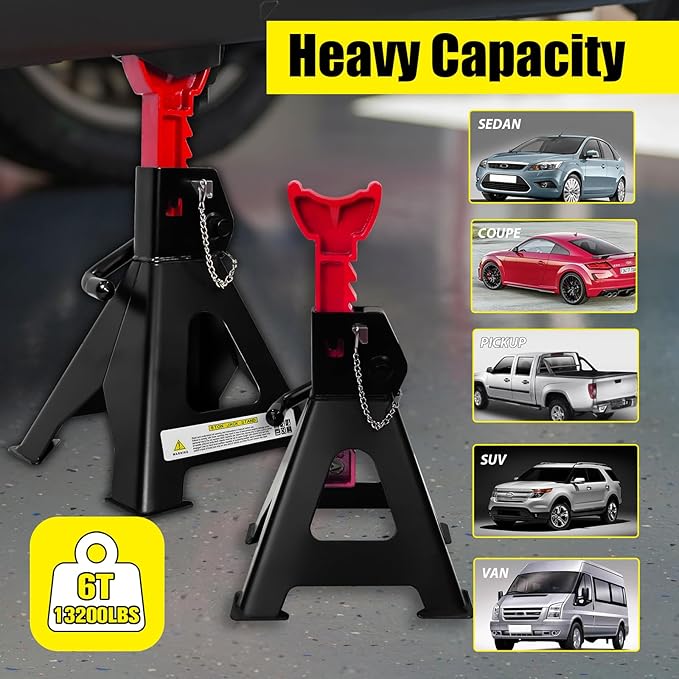 6 Ton Jack Stands, 15.6"-23.4" Adjustable with Double Pin Locking,Heavy Duty Jack Stands with Extra Rubber Pads,Car Lifts for Home Garage,Lifting Various Vehicles,1 Pair Black