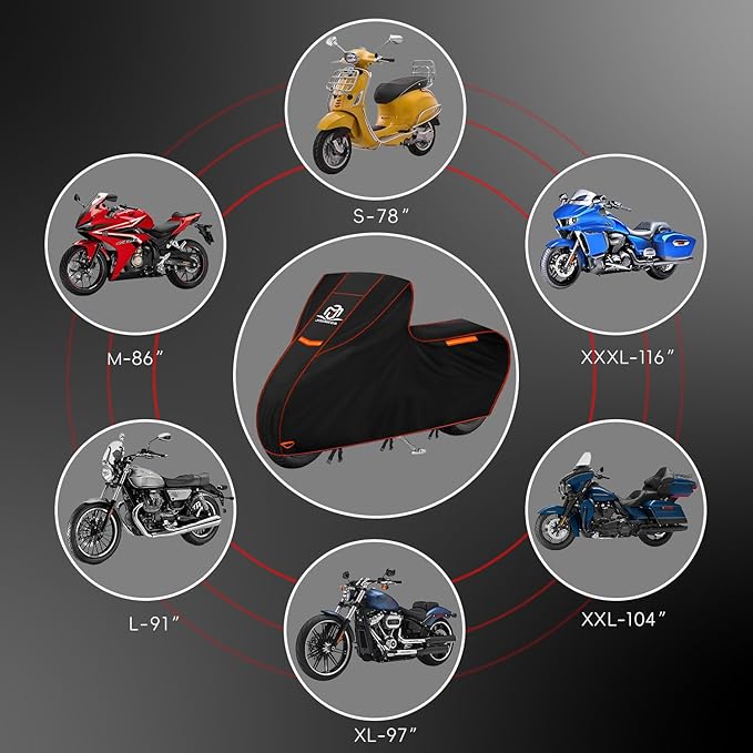 Motorcycle Cover | Heavy Duty PVC | Soft Inner Cotton | Waterproof Outdoor | All Season Universal | 4 Reflective Strips | 3 Windproof Straps | 1 Lock Hole | 1 Storage Bag | (Black, L, 91")