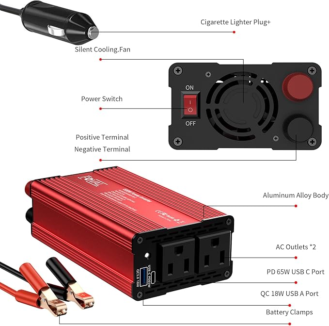 FOVAL 600W Power Inverter 12V DC to 110V AC Car Plug Adapter Outlet Converter with [65W PD USB-C] & [18W QC USB-A] Fast Charging Ports and 2 AC Outlets Car Power Inverter for Laptop Computer
