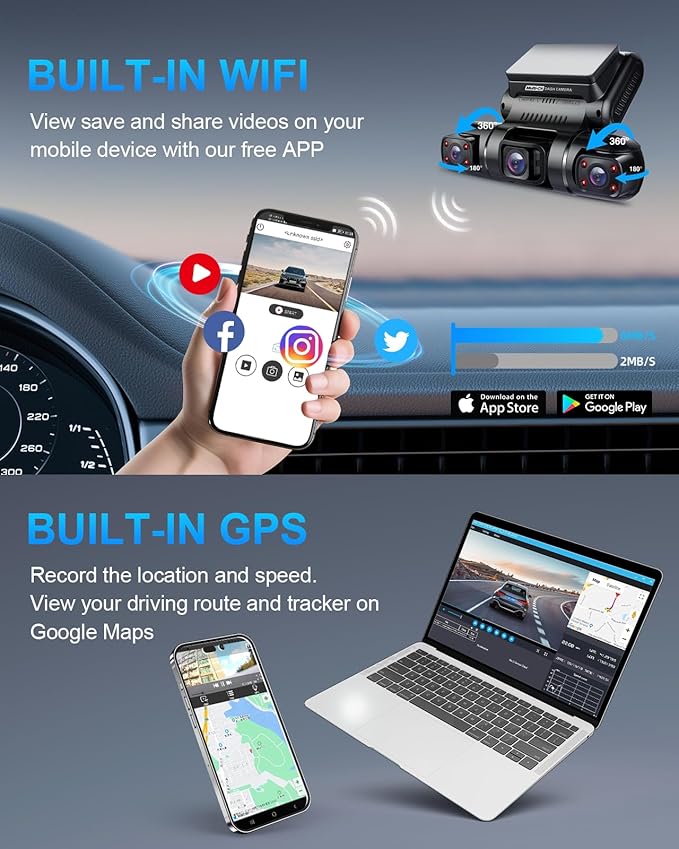 PRUVEEO 360 Degree View 4 Channel Dash Cam Front and Rear Inside Left Right, Dash Camera for Cars, Built-in GPS WiFi Night Vision, 24/7 Recording Parking Mode Monitor, Free 128G Card