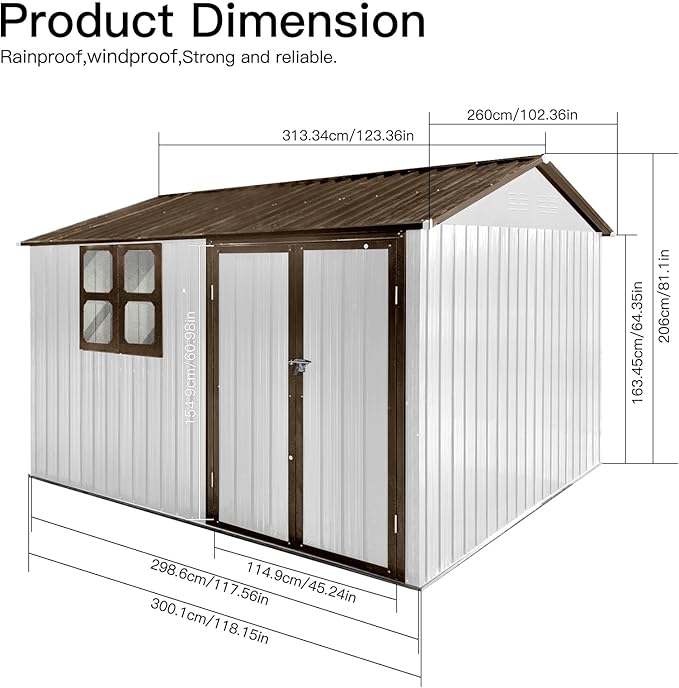 8x10 FT Outdoor Storage Shed, Metal Garden Shed with 4-pane Window, Outside Tool Shed with Lockable Hinged Doors & 4 Air Vents, Waterproof Storage Building for Backyard, Patio, Lawn, White+Coffee