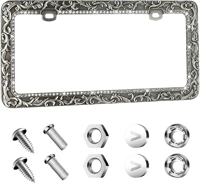 Valor Gel Metal Car License Plate Frames,Antique Old Pattern Printing, Bling Crystal Rhinestones Inlaid,Universal 2 Holes Automotive Replacement Parts Plate Holder(1 Pack)