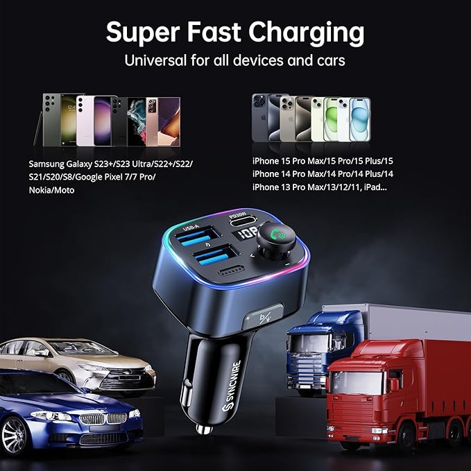 Syncwire Bluetooth 5.3 FM Transmitter Car Adapter 48W(PD 36W & 12W) [Light Switch] [Hi-Fi Deep Bass] [Fast Charging] Wireless Radio Music Adapter LED Display Hands-Free Calling Support USB Drive