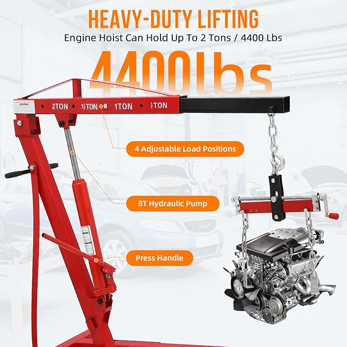 2 Ton Folding Engine Hoist with Lever, Cherry Picker Shop Crane Hoist Lift, 4400 Lbs Heavy Duty Steel Hydraulic Shop Engine Crane for Workshop and Garage, Red