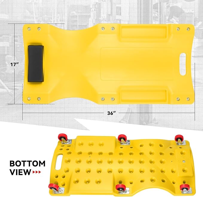 Auto Dynasty 36 Inches Mechanic Creeper, Automotive Garage Repair Low Profile Under Car Rolling Creeper with Padded Headrest, Plastic, Yellow