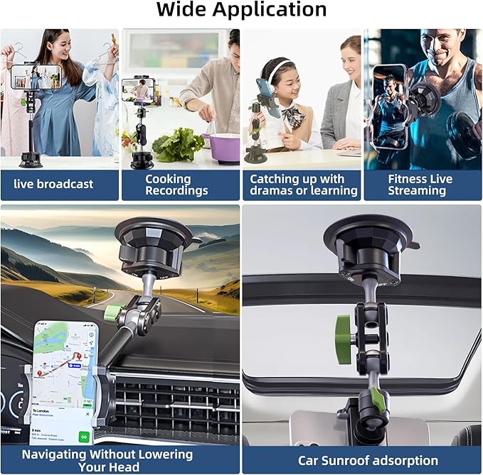 HEMMOTOP Suction Cup Car Phone Mount, 12 in Heavy Duty Metal Cell Phone Holder for Windshield, 360° Rotation Vacuum Magic Arm for iPhone All Smartphone & Cars Truck