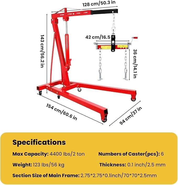 Engine Hoist Cherry Picker with Leveler, 2-Ton Folding Hydraulic Workshop Crane Lift with 6 Swivel Wheels and Telescopic Boom, 4400 Lbs Capacity Heavy-Duty Crane for Garage, Automotive Repair (Red)