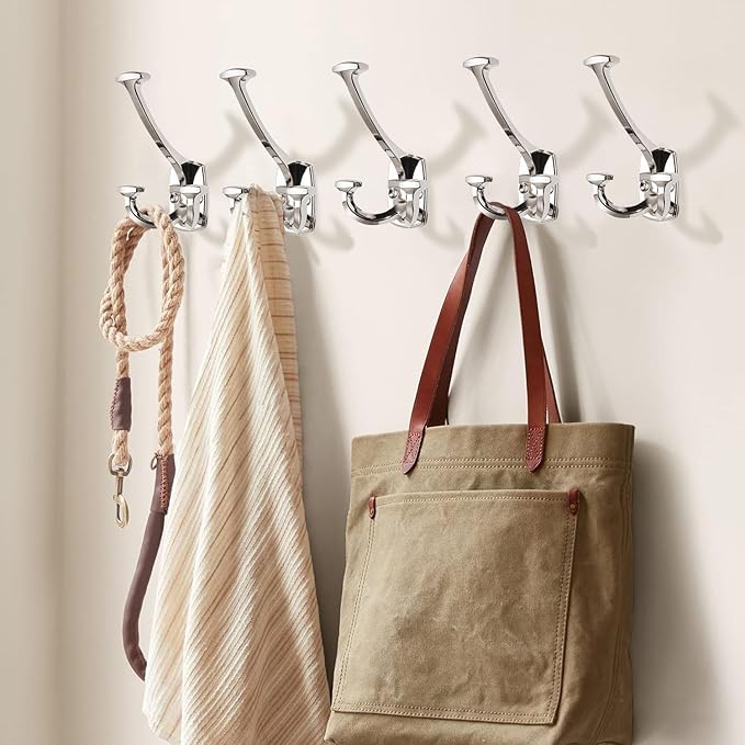 Large Wall Double-Sided Hook 5 Pack Polished Nickel Hook Decorative Heavy Duty Solid Large Coat Hooks for Towel Hanging Coats Robe Towel Bags Door Back 2 Prong Hooks