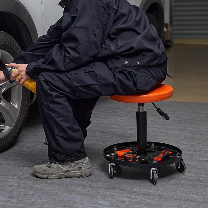 VEVOR Mechanic Stool, 250 LBS Rolling Pneumatic Creeper Garage/Shop Seat, Adjustable Height 16-22 inch in Padded Rolling Workshop Stool with Tool Tray, for Garage, Shop, Auto Repair, Black+Orange