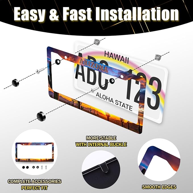 Arizona State Flag License Plate Frame Sunset Desert Cactus License Plate Holder Stainless Steel Funny Design with 2 Holes and Screws 12.3" x 6.3"