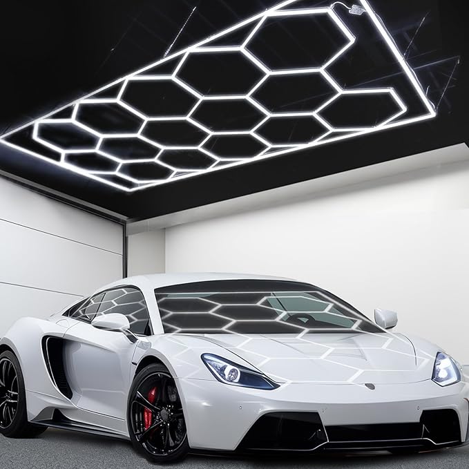 tewei Hexagon LED Garage Lights with Rectangle Frame, 900W 90000LM 6500K, Ultra-Bright Hexagon LED Shop Lights for Garage, 14 Grids Hex Ceiling Light for Workshop, Warehouse, Gym, Car Detailing Shop