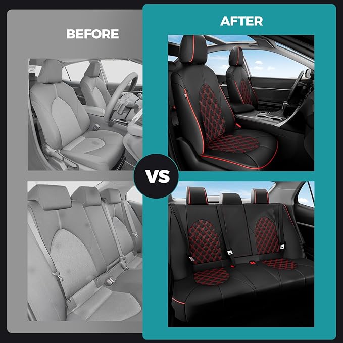 for Toyota Camry Seat Covers XLE XSE V6 2018 2019 2020 2021 2022 2023 2024 - Custom Fit Car Seat Covers Full Set, Breathable Waterproof Leather Seat Covers for Cars, Black Red Not for Hybrid