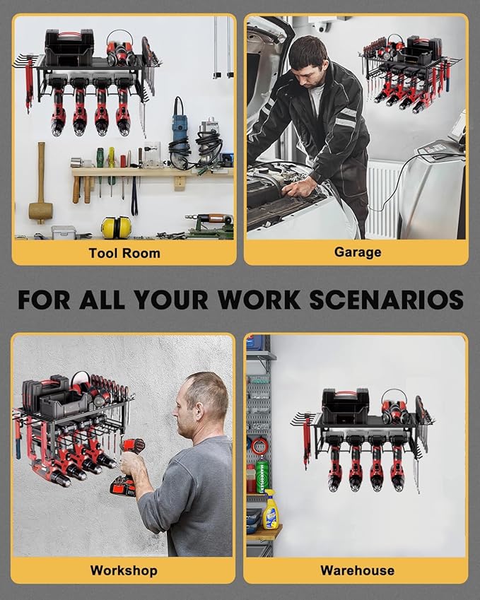 Power Tool Organizer, Garage shelving 2 Layers Garage Tool Organizers 4 Drill Holder Wall Mount, and Heavy Duty Metal Tool Shelf with Screwdriver Holder/Plier Holder/Hammer Holder (Black, 2 Layer)