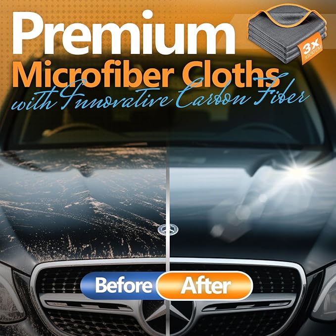 Airlab Carbon Microfiber Towels for Car Glass Window Polishing Cleaning Cloth Auto Detailing Lint Free Streak Free Drying Car Wash Towel, Pack of 3, 12" x 12", Grey-Orange
