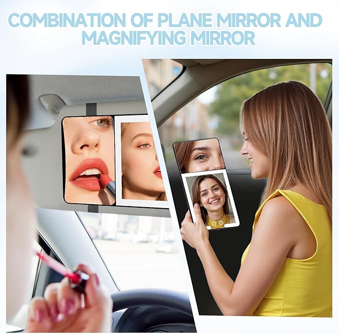 Car Sun Visor Vanity Mirror with Lights,Side with 6 inch 20X Magnifying Mirror,Rechargeable Car Makeup Mirror with 3 Light Modes,Dimmable Touch Led Screen,Black