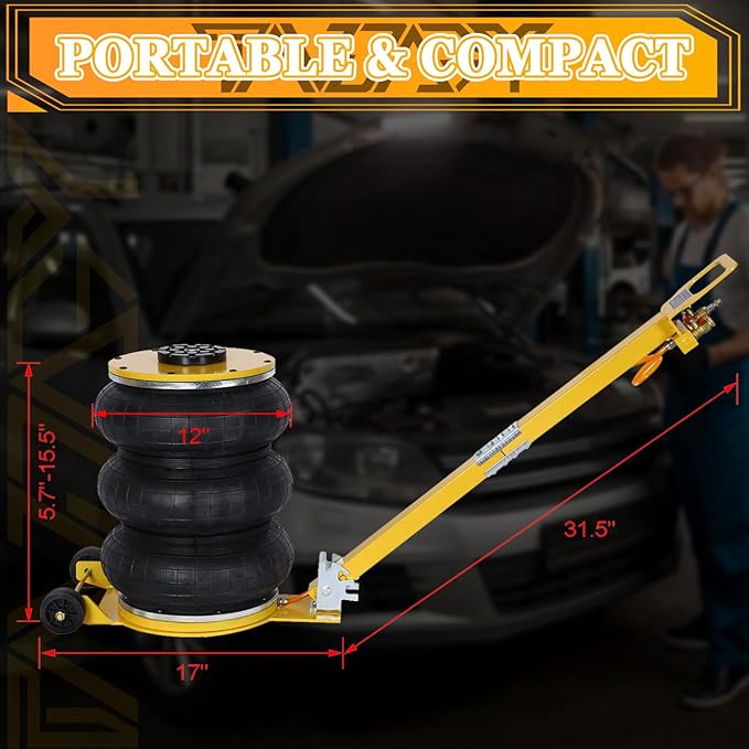 5T Triple Bag Air Jack 11000lbs Pneumatic Jack 3s Fast Lift Up 16in Airbag Jack with Adjustable Long Handle Heavy Duty Triple Air Bag Jack Lift for Cars Garage (Yellow)