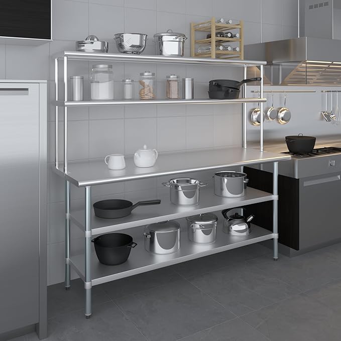 Amgood Stainless Steel Work Table with 2 Shelves | Metal Kitchen Prep Table & Shelving Combo (24" x 72" Table with 2 Shelves + 12" Overshelf)