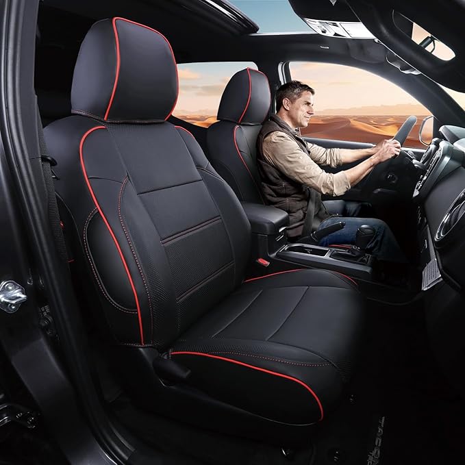 Car Seat Covers Full Set for Toyota Tacoma Double & Crew Cab 2023 2022 2021 2020 2019 2018 2017 2016 Tacoma Interior Accessories Premium Faux Leather Breathable Waterproof (Black+Red Line)