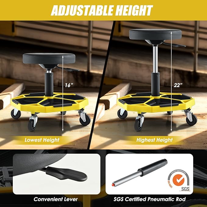 Goplus Mechanic Stool, Rolling Garage Chair with 16”-22” Adjustable Height, Removable Magnetic Tool Tray, 2” Thick Padded Cushion, Universal Wheels, 330LBS, Roller Creeper Seat (Yellow & Black)