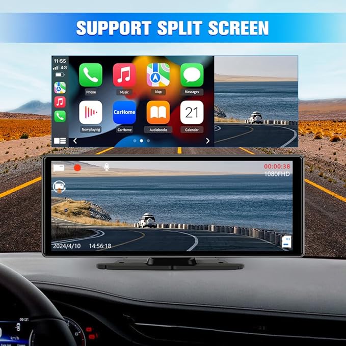 Portable Wireless CarPlay Screen for Car with 4K Dash Cam+1080P Backup Camera, 10.26”IPS Touchscreen Car Stereo, Supports CarPlay/Android Auto/Voice Control/GPS Navigation/Bluetooth/Mirror Link