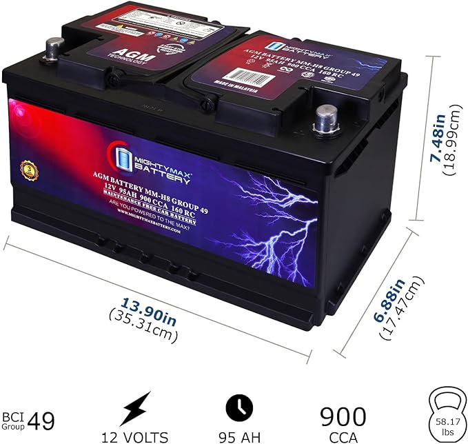 Mighty Max Battery MM-H8 Start and Stop Car BCI Group 49 12V 95Ah, 160RC, 900 CCA Rechargeable AGM Car Battery