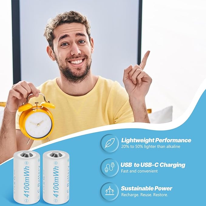 Rechargeable Lithium C Battery 4 Pack, Batteries c Size，Long Lasting1.5V C Batteries Rechargeable with 4 in 1 USB-C Charge Cable for Television Remote, Flashlights