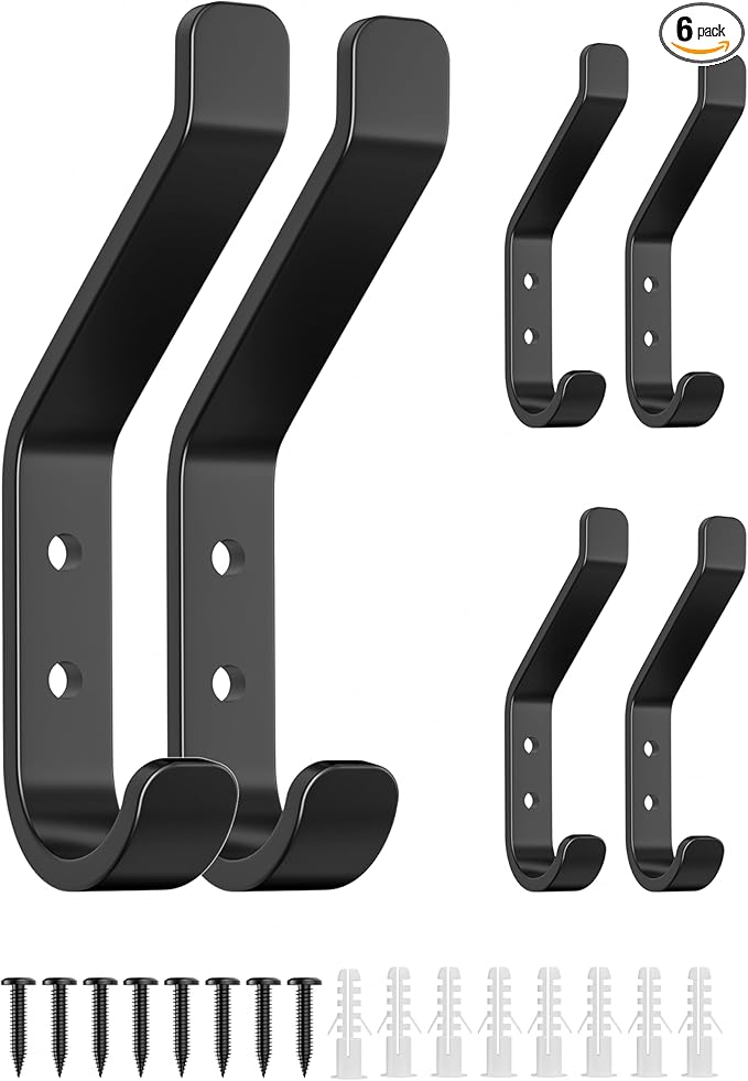 Wall Hook for Hanging Coat - 20LB (Max), Stainless Hooks for Towel, Hat, Backpack, Clothes, Wall Mounted Coat Hanger for Closet, Metal, Black, 6 Pack 3.75“