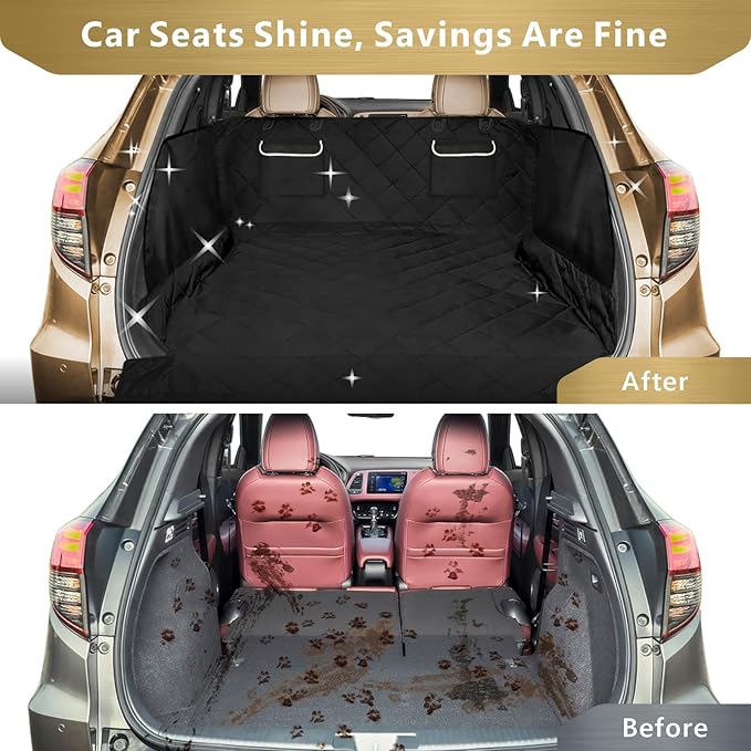 F-color SUV Cargo Liner for Dogs - Waterproof Pet Cargo Liner with Side Flaps, Comfort Dog Cargo Cover with Bumper Flap 2 Pockets, Scrachproof Non-slip Large Size Universal Fit SUVs Sedans Vans, Black