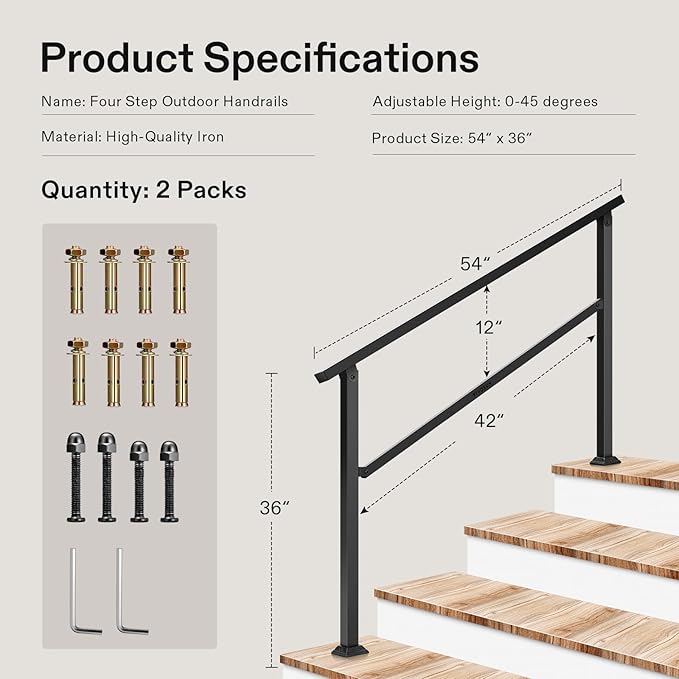 VIVOSUN 2-Pack Outdoor Handrail, 4 Step Stair Handrail, 54" x 36" Fits 1 to 4 Steps, Wrought Mattle Iron Handrail for Concrete Steps, Porch Steps, One-Step Assembly, 2 Packs, Black
