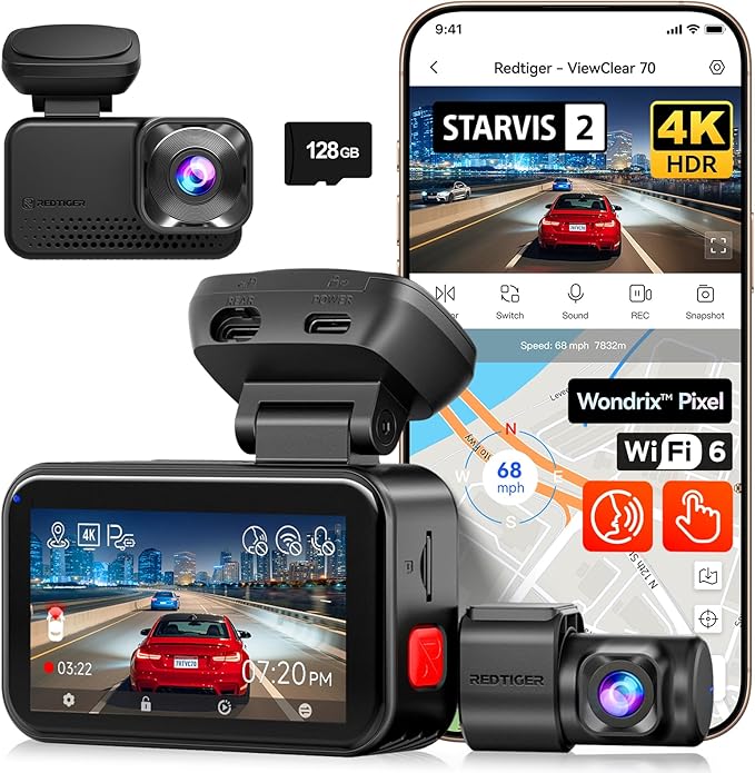 REDTIGER ViewClear 70 4K+2.5K Dash Cam Front and Rear, STARVIS 2 IMX678 x Wondrix™ Sensor, Dual HDR Hyper Night Clarity, 5.8GHz WiFi 6, 30MB/S Fast Download, Dash Camera with 24H Parking Monitor