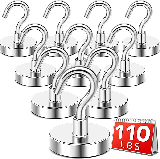 DIYMAG Magnetic Hooks,110 lb Heavy Duty Strong Magnet with Hook for Hanging Rare Earth Neodymium Magnet for Fridge Kitchen Cruise Grill Garage and Storage 12 Packs