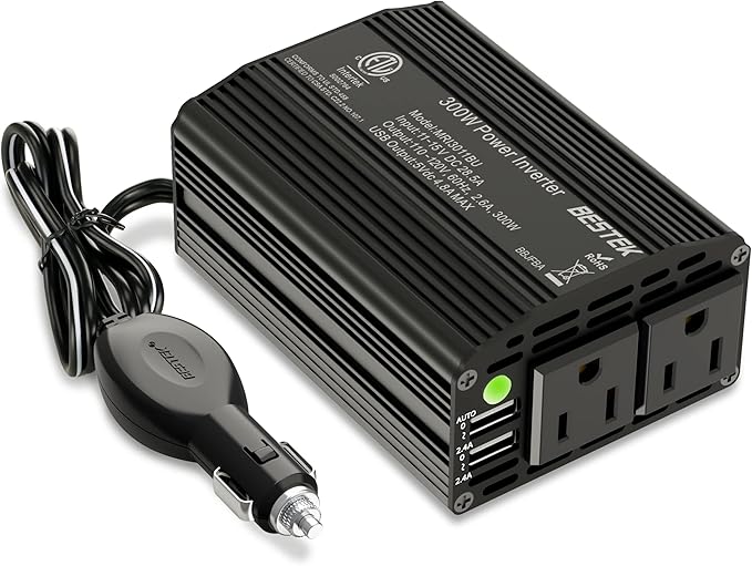 BESTEK 300W Power Inverter DC 12V to 110V AC, Durable Aluminum Housing Car Charger Adapter with 4.8A Dual USB Fast Charging Port, Car Plug in Cigarette Lighter Outlet for Phone, Laptop